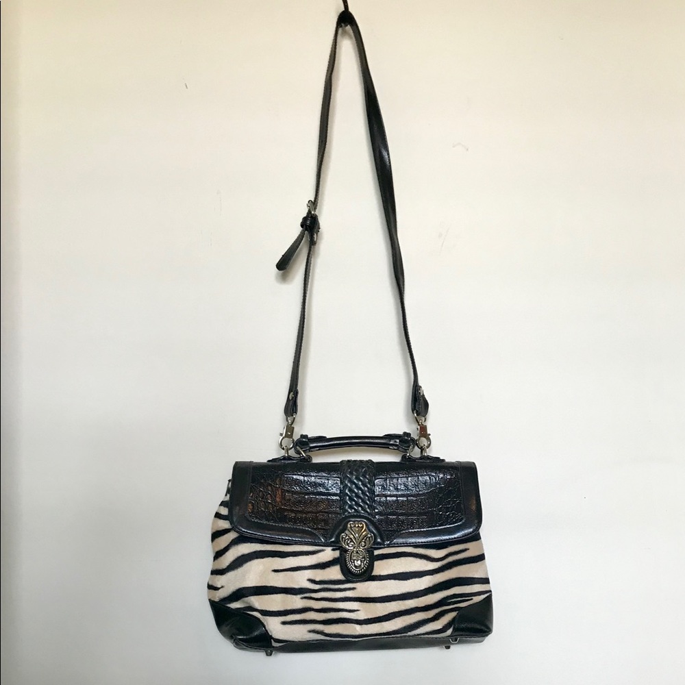 Zebra fur like front leather exterior bag